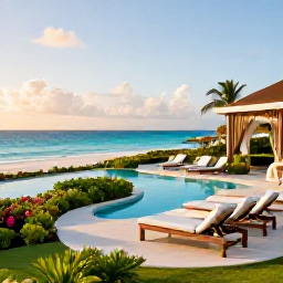 Caribbean Holidays, Luxury Cura&ccedil;ao May, Luxury beachfront resort in Cura&ccedil;ao at golden hour, turquoise sea, elegant loungers and tropical gardens