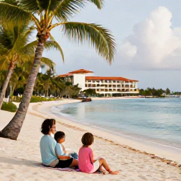 Caribbean Holidays, Luxury December Holidays, A family and couple relaxing on a Caribbean beach with palm trees, calm water and a luxury resort in the background