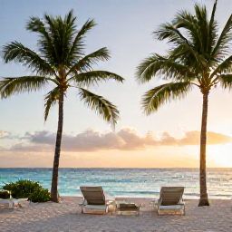 Caribbean Holidays, Luxury December Holidays, A stylish Caribbean beach resort at sunset in December, with palm trees, calm turquoise sea, elegant loungers and warm golden light