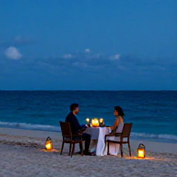 Caribbean Holidays, Luxury December Holidays, Couple enjoying a candlelit dinner on a Caribbean beach in December, with lanterns, gentle waves and a clear evening sky
