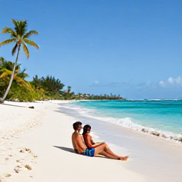 Caribbean Holidays, Luxury December Holidays, Couple relaxing on a quiet sandy beach in Saint Kitts and Nevis, with turquoise water and palm trees under a clear December sky