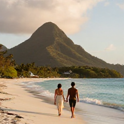 Caribbean Holidays, Luxury December Holidays, Couple walking along a quiet Caribbean beach in Saint Vincent and the Grenadines during golden hour