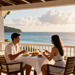 Caribbean Holidays, Luxury December Holidays, Elegant luxury hotel terrace overlooking the Caribbean Sea on Nevis, with a couple enjoying breakfast in warm December sunshine