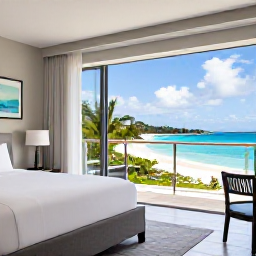 Caribbean Holidays, Luxury December Holidays, Elegant luxury resort suite overlooking a tropical beach in St Thomas, United States Virgin Islands, bright modern interiors and balcony