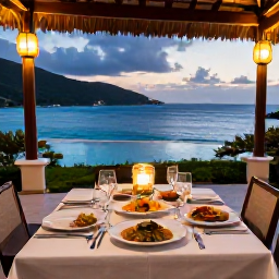 Caribbean Holidays, Luxury December Holidays, Festive Caribbean dinner at a luxury resort in Saint Vincent and the Grenadines, lanterns, local dishes and ocean view