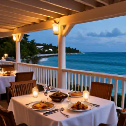 Caribbean Holidays, Luxury December Holidays, Festive Caribbean dinner on a luxury resort veranda in Saint Kitts and Nevis, with lanterns, local dishes and sea views