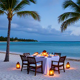 Caribbean Holidays, Luxury December Holidays, Festive luxury dinner beside a Caribbean beach in the United States Virgin Islands, lanterns, elegant table setting and palm trees