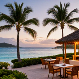Caribbean Holidays, Luxury December Holidays, Luxury beachfront resort in the United States Virgin Islands at sunset, calm turquoise sea, palm trees and elegant outdoor dining