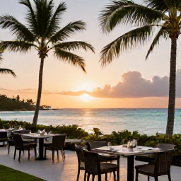 Caribbean Holidays, Luxury December Holidays, Luxury beachfront resort on Saint Kitts at sunset in December, with palm trees, calm turquoise sea and elegant outdoor dining
