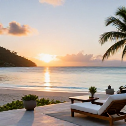 Caribbean Holidays, Luxury December Holidays, Luxury beachfront resort on Saint Vincent and the Grenadines at sunset, calm turquoise sea and elegant terrace