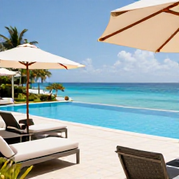 Caribbean Holidays, Luxury December Holidays, Luxury Caribbean hotel terrace overlooking a bright blue sea, with an infinity pool, comfortable seating and tropical gardens