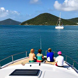 Caribbean Holidays, Luxury December Holidays, Private yacht sailing past green Caribbean islands near the United States Virgin Islands, guests relaxing on deck in bright December sunshine
