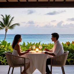Caribbean Holidays, Luxury Dominican Holidays, Couple enjoying a quiet luxury resort dinner on a Dominican Republic terrace, candlelight, tropical plants and distant sea view
