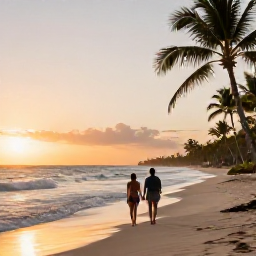 Caribbean Holidays, Luxury Dominican Holidays, Couple walking along a pristine Dominican Republic beach at sunset in July, gentle waves, palm trees and golden light