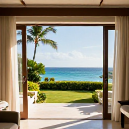 Caribbean Holidays, Luxury Dominican Holidays, Elegant Dominican Republic resort suite with open doors to a sea-view terrace, tropical greenery and warm July daylight