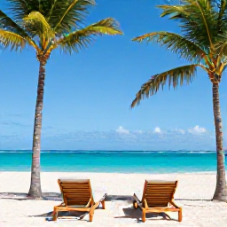 Caribbean Holidays, Luxury Dominican Holidays, Luxury beachfront resort in Punta Cana, Dominican Republic, bright July sunshine, palm trees, turquoise sea and elegant sun loungers