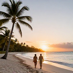 Caribbean Holidays, Luxury Dominican November, Couple walking barefoot along a quiet white-sand beach at sunset in the Dominican Republic, palm trees and calm sea