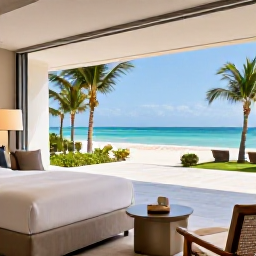 Caribbean Holidays, Luxury Dominican November, Elegant luxury resort suite overlooking a tropical beach in Punta Cana, Dominican Republic, with modern furnishings and private terrace