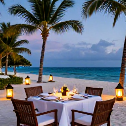 Caribbean Holidays, Luxury Dominican November, Luxury Dominican Republic holiday dinner on a beach at dusk, elegant table setting, lanterns and palm trees