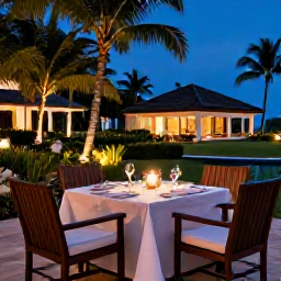 Caribbean Holidays, Luxury Dominican October, Romantic open-air fine dining table at a Dominican Republic luxury resort, candlelight, tropical gardens and warm evening atmosphere