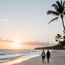 Caribbean Holidays, Luxury Dominican September, Couple walking along a quiet white-sand beach in Punta Cana at sunset, Caribbean Sea and palm trees