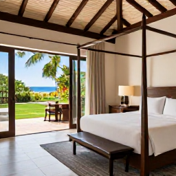 Caribbean Holidays, Luxury Dominican September, Elegant Dominican Republic resort suite with private terrace, four-poster bed and views of a tropical garden