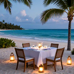 Caribbean Holidays, Luxury Dominican September, Luxury Dominican Republic holiday dinner beside the beach at dusk, lanterns, elegant table and tropical coastline