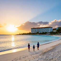 Caribbean Holidays, Luxury Family Holidays, Elegant Caribbean beachfront resort at sunset with a family walking along soft white sand beside calm blue sea