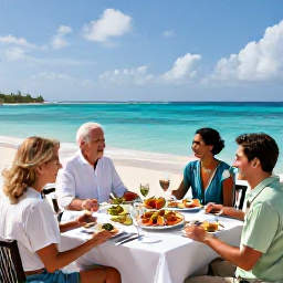 Caribbean Holidays, Luxury Family Holidays, Elegant family dinner on a Caribbean resort terrace overlooking the sea, with fresh food and a relaxed atmosphere