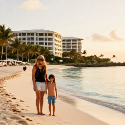 Caribbean Holidays, Luxury Family Holidays, Happy family relaxing beside a calm Caribbean sea at golden hour, with palm trees and a luxurious beachfront hotel in the background