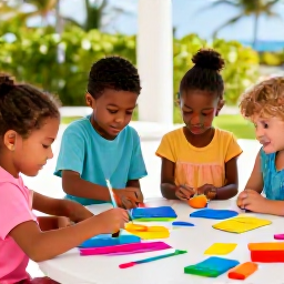 Caribbean Holidays, Luxury Family Holidays, Luxury Caribbean resort children&rsquo;s club with smiling children enjoying creative activities in a bright supervised indoor and outdoor space