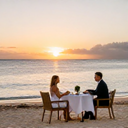 Caribbean Holidays, Luxury February, Couple enjoying a private sunset dinner on a Saint Martin beach, soft February evening light, calm sea and elegant table setting