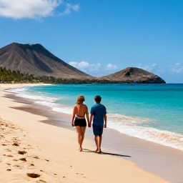 Caribbean Holidays, Luxury February, Couple walking along a quiet golden beach on Montserrat with turquoise water and volcanic hills in the background