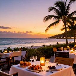 Caribbean Holidays, Luxury February, Elegant beachfront restaurant in Grand Case at sunset, fresh Caribbean seafood, candlelit tables and warm February evening light