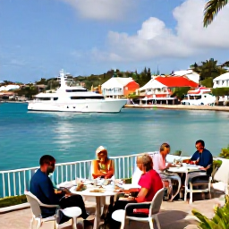 Caribbean Holidays, Luxury February, Elegant Gustavia harbour with luxury yachts, colourful buildings and visitors dining outdoors in Saint Barth&eacute;lemy