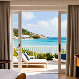 Caribbean Holidays, Luxury February, Elegant luxury hotel suite overlooking a Caribbean bay on Saint Martin, February sunshine, open doors and refined tropical interiors