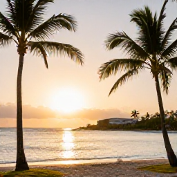 Caribbean Holidays, Luxury February, Elegant luxury resort overlooking a calm Caribbean beach on Saint Kitts at sunrise, with palm trees and warm golden light