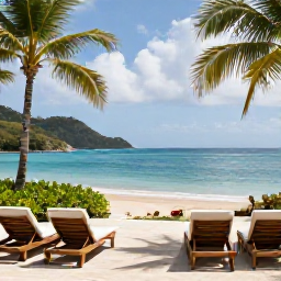 Caribbean Holidays, Luxury February, Elegant luxury resort terrace overlooking a quiet Caribbean beach on Saint Vincent, with sun loungers, palms and calm blue sea