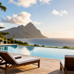 Caribbean Holidays, Luxury February, Elegant luxury resort terrace overlooking the Caribbean Sea on Montserrat in warm February sunshine