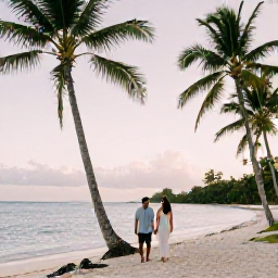 Caribbean Holidays, Luxury February, Happy couple walking along a quiet tropical beach on Nevis with palm trees, soft evening light and calm Caribbean sea