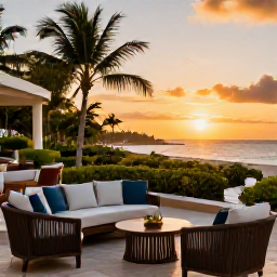 Caribbean Holidays, Luxury February Holidays, Elegant luxury hotel terrace overlooking a Caribbean beach at sunset, comfortable seating, tropical gardens and warm evening light