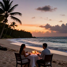 Caribbean Holidays, Luxury February Holidays, Romantic Caribbean beach dinner for two at sunset, candlelit table, gentle waves and palm-fringed shoreline