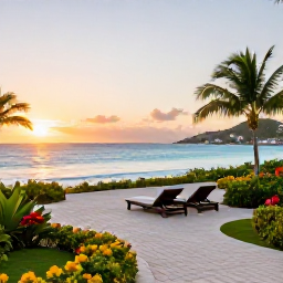 Caribbean Holidays, Luxury February, Luxury beachfront resort on Saint Martin at sunrise in February, calm turquoise sea, elegant loungers and tropical gardens