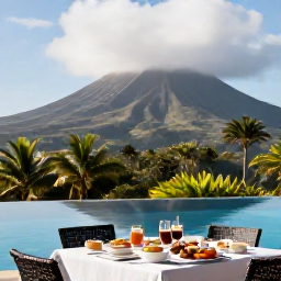 Caribbean Holidays, Luxury February, Luxury breakfast beside an infinity pool with tropical gardens and a view of Montserrat's volcanic hills