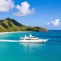 Caribbean Holidays, Luxury February, Luxury sailing yacht cruising between the Grenadine islands in clear turquoise water, with green hills, white beaches and bright February skies