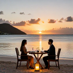 Caribbean Holidays, Luxury February, Romantic beachfront dinner for two on a Saint Vincent and the Grenadines resort, with lanterns, elegant table setting and calm sea at sunset