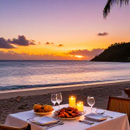 Caribbean Holidays, Luxury February, Romantic beachfront dinner on Saint Kitts with candlelit table, fresh seafood and a vivid Caribbean sunset