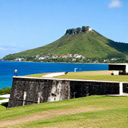 Caribbean Holidays, Luxury February, Scenic view of Brimstone Hill Fortress on Saint Kitts with green hills, blue sea and a clear February sky