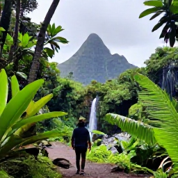 Caribbean Holidays, Luxury February, Traveller enjoying a guided rainforest walk on Saint Vincent, with tropical plants, a waterfall and volcanic mountains in the background