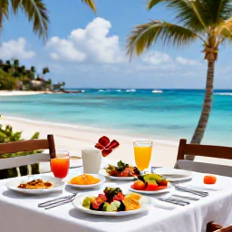 Caribbean Holidays, Luxury Holidays, A beautifully presented Martinique seafood lunch on a shaded terrace overlooking the sea, with tropical fruit and French-inspired dishes